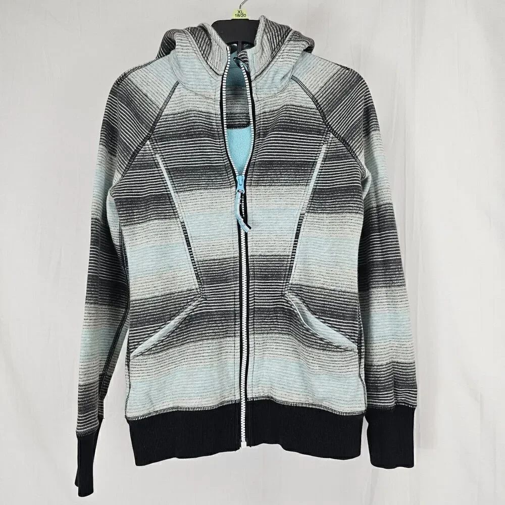 Ivivva Jacket Girls 10 Full Zip Blue Grey Striped Hooded Big Logo Lululemon